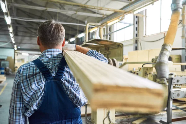 Rückseite Porträt Eines Reifen Arbeiters Der Lange Holzplatten Der Werkstatt — Stockfoto