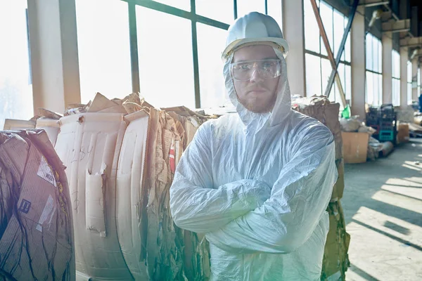 Portrait Young Workers Wearing Biohazard Suit Standing Industrial Warehouse Modern — Stock Photo, Image