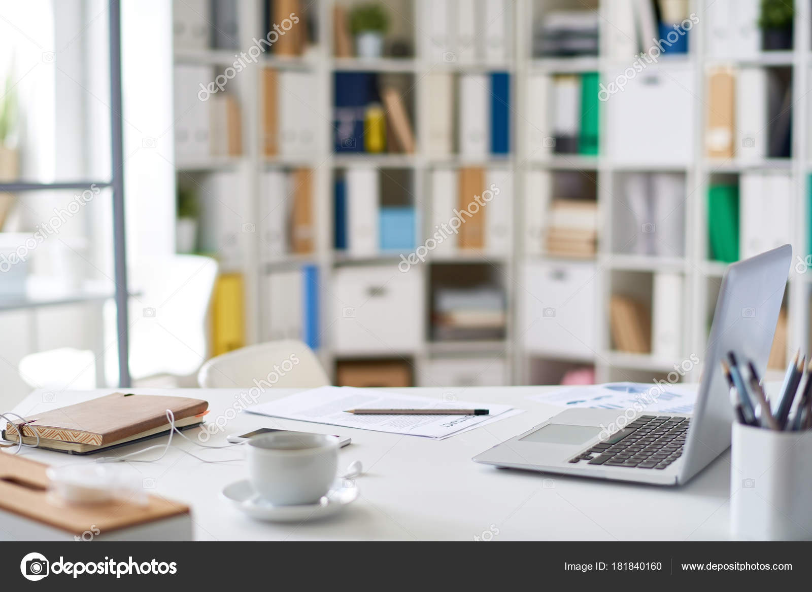 Background Image Empty Workplace Modern Office Desk Laptop Office Supplies  Stock Photo by ©SeventyFour 181840160