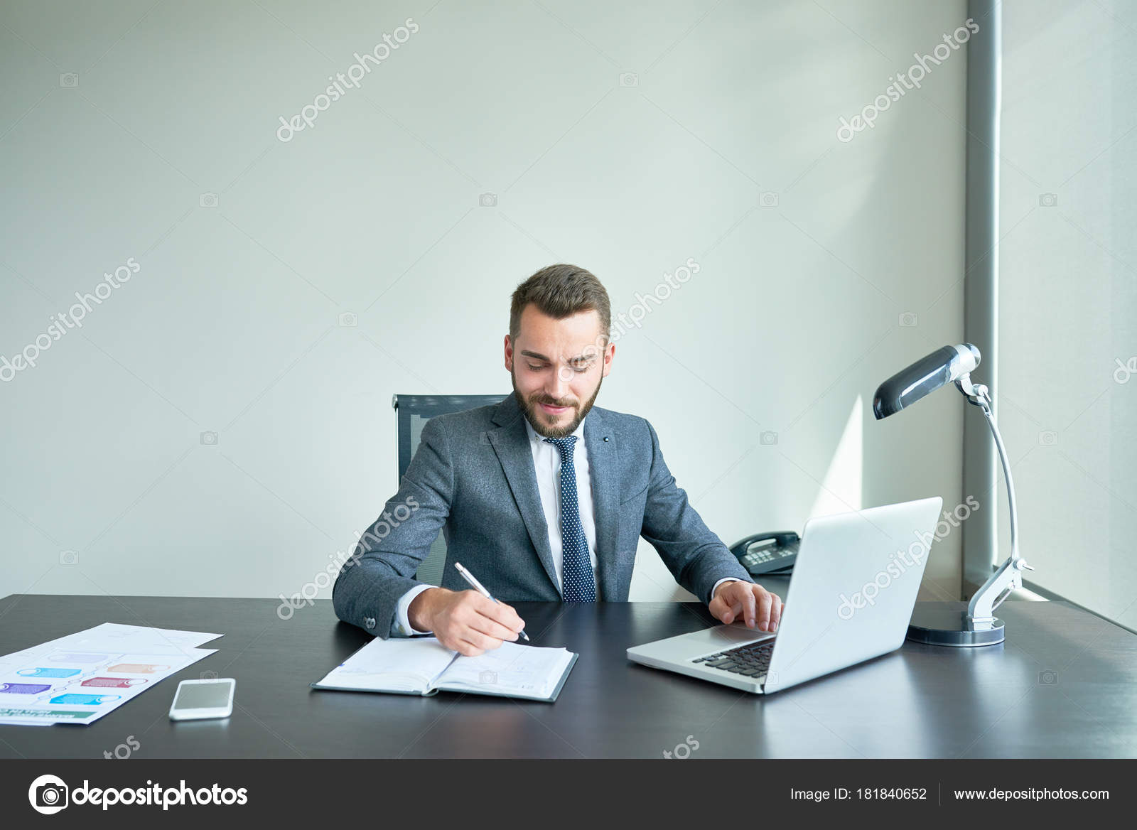 Young Bearded Entrepreneur Classical Suit Taking Notes While