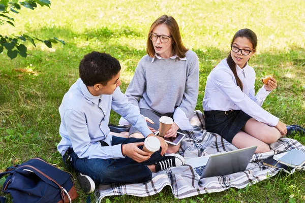 Друзі Підлітки Мають Пікнік Сонячно Зеленому Парку Вони Сидять Галявині — стокове фото