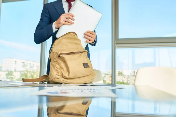 Beginning Usual Working Day Unrecognizable Manager Suit Pulling Laptop Out — Stock Photo, Image