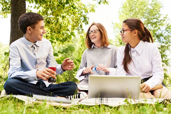 Grupo Escolares Modernos Disfrutando Picnic Césped Verde Charlando Utilizando Ordenador — Foto de Stock