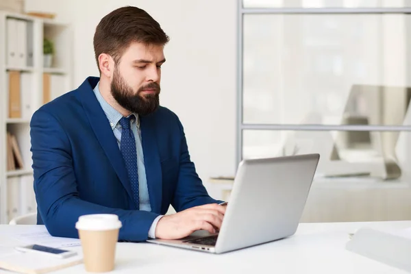 Portrait Modern Bearded Businessman Working Laptop Desk Office — Stock Photo, Image
