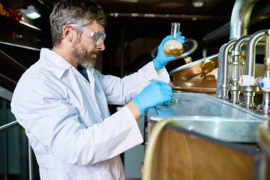 Ciddi meşgul sakallı orta yaşlı bira bira şişesi tutarak ve içki fabrikasında yeni tür üzerinde çalışırken onun reaksiyonu ile reaktif kontrol laboratuvar önlüğü içinde.