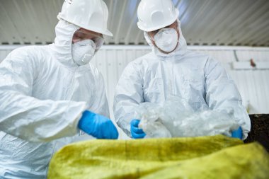 Geri dönüşümlü plastik ve karton işleme tesisi atık, Konveyör bant üzerinde sıralama biohazard giyen iki işçi portresi uygun