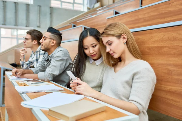 Internationell Grupp Studenter Sitter Rad Skrivbord Moderna Sal Väntar Klass — Stockfoto