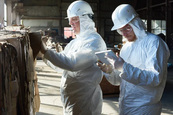 Side View Portrait Two Factory Workers Wearing Biohazard Suit Sorting — Stock Photo, Image