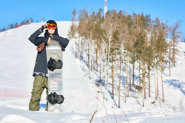 Full Length Portrait Successful Young Rider Posing Snowboard Looking Confidently — Stock Photo, Image