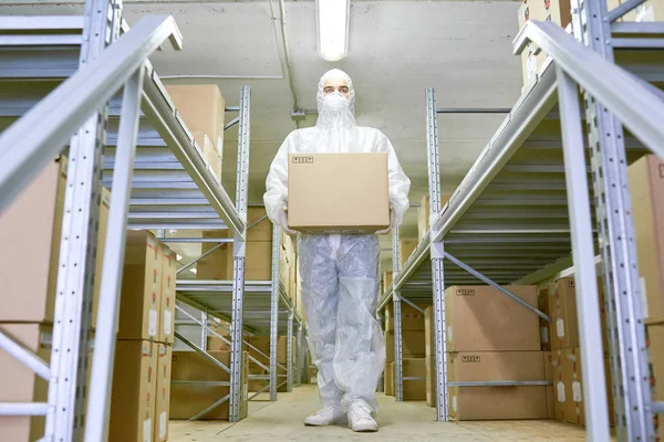 Full Length Portrait Confident Worker Wearing Safety Mask Coverall Carrying — Stock Photo, Image