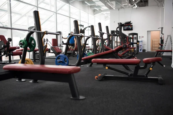 Background Image Row Weight Training Benches Empty Modern Gym Copy — Stock Photo, Image