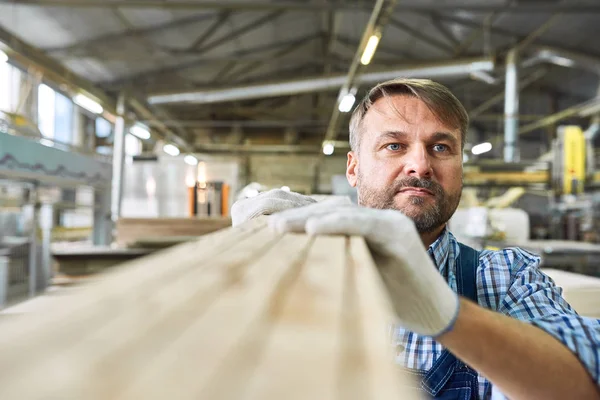 Kopf Und Schultern Porträt Eines Reifen Fabrikarbeiters Der Lange Holzbretter — Stockfoto