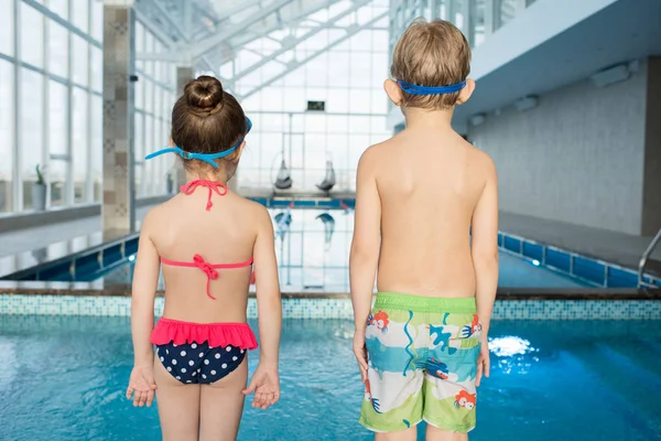 Vista Posterior Los Niños Pequeños Irreconocibles Trajes Baño Gafas Pie —  Fotos de Stock