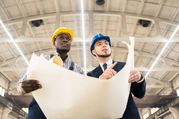 Bearded businessman wearing hardhat and suit studying blueprint with help of African American industrial engineer while carrying out inspection at production department of modern plant