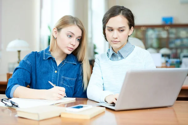 Attractive Young Friends Gathered Together Spacious Library Doing University Assignment — Stock Photo, Image