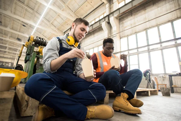 Multi Ethnic Team Machine Operators Wearing Overalls Sitting Spacious Production — Stock Photo, Image