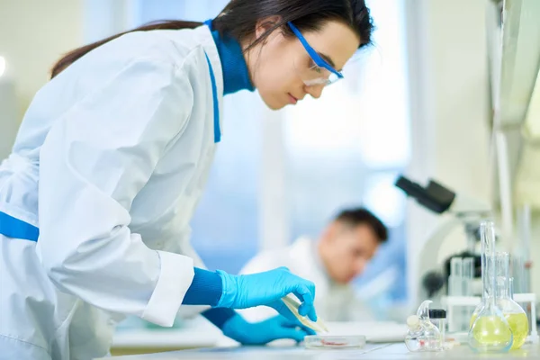 Profile View Pretty Young Scientist Wearing White Coat Safety Goggles — Stock Photo, Image