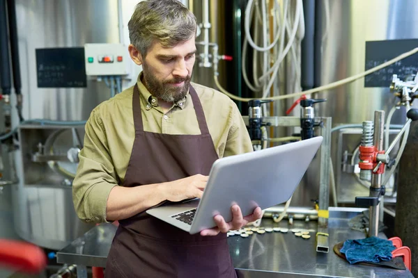 Concentrato Bello Ingegnere Birra Maschile Mezza Età Grembiule Controllare Informazioni — Foto Stock