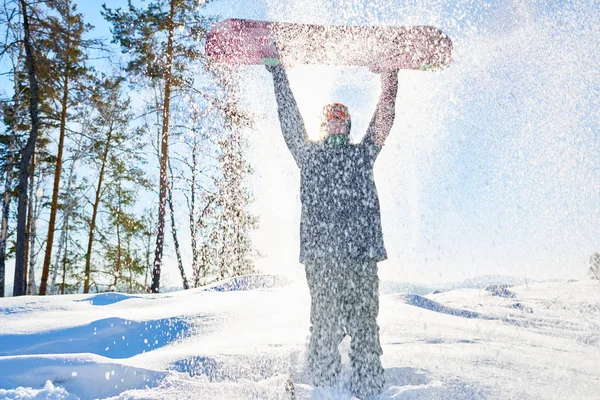 Πλήρους Μήκους Πορτραίτο Νεαρού Υψώνονται Snowboard Στέκεται Στο Ντους Νιφάδες — Φωτογραφία Αρχείου