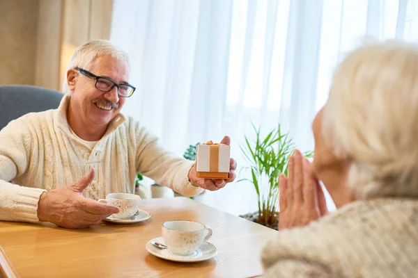 Waist Portrait Joyful Senior Man Wearing Knitted Sweater Passing Small — Stock Photo, Image