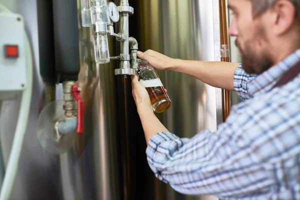 有胡子的中年酿酒厂工人将啤酒倒入玻璃以控制产品质量 特写镜头 — 图库照片