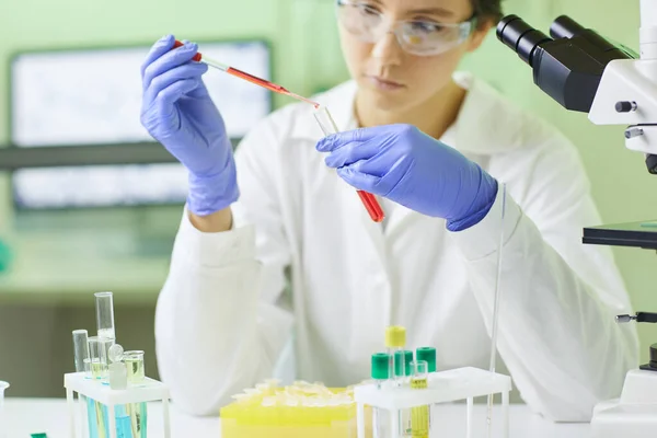 Cropped Portrait Young Female Scientist Preparing Blood Test Sample Using — Stock Photo, Image