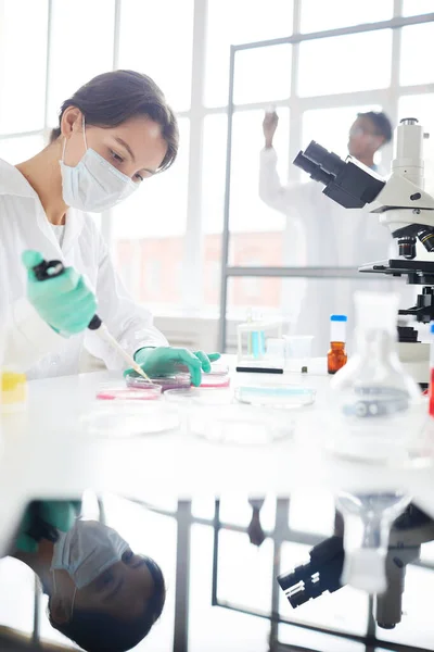 Retrato Vista Lateral Una Mujer Joven Que Trabaja Laboratorio Preparando —  Fotos de Stock