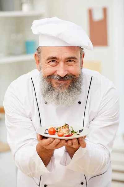 Retrato Chef Sênior Barbudo Apresentando Belo Prato Italiano Sorrindo Alegremente — Fotografia de Stock