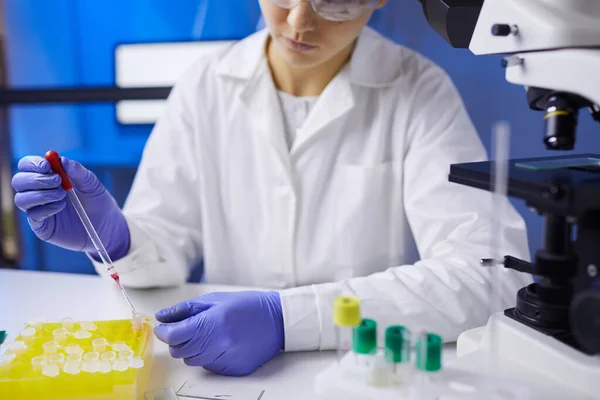 Close Unrecognizable Young Woman Preparing Blood Samples While Working Research — Stock Photo, Image