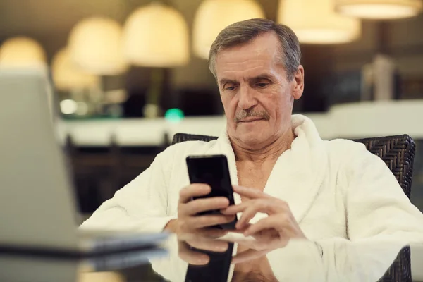 Portrait Contemporary Senior Man Wearing Bathrobe Using Smartphone While Relaxing — Stock Photo, Image
