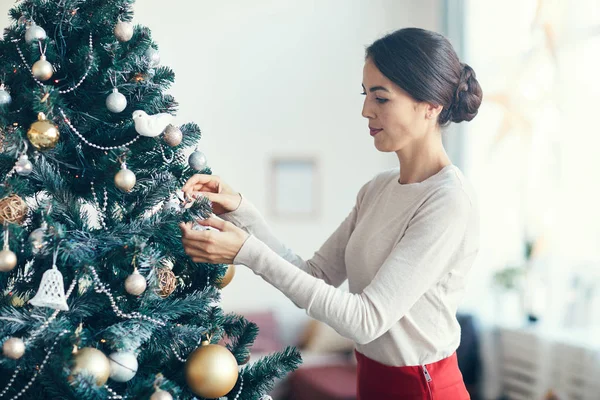 Side View Portrait Elegant Young Woman Decorating Christmas Tree Home — Stock Photo, Image