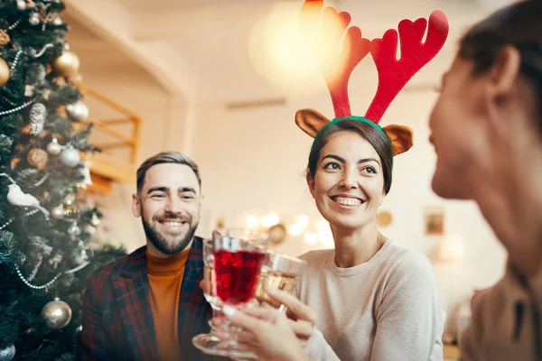 Portrait Beautiful Young Woman Wearing Funny Deer Horns Celebrating Christmas — Stock Photo, Image