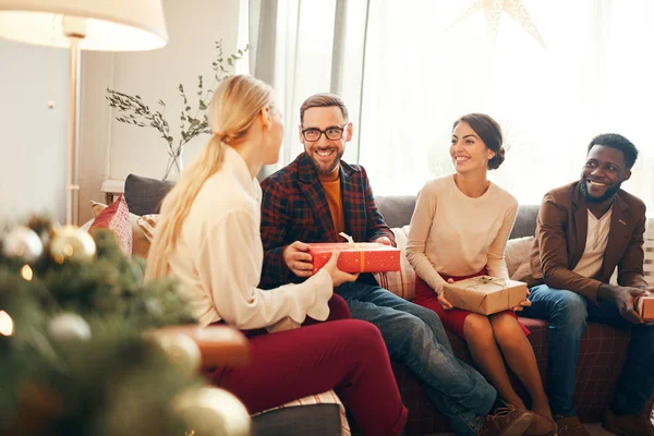 Group Elegant Adult People Exchanging Presents Christmas Focus Bearded Man — Stock Photo, Image