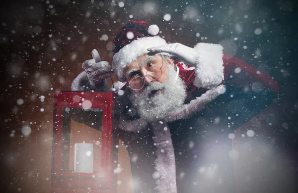 Peri Masalı Noel Baba Nın Portresi Gecenin Bir Yarısı Kar — Stok fotoğraf