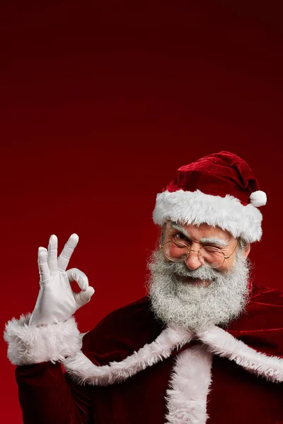 Pas Portrét Mrknutí Santa Claus Při Pohledu Kamery Ukazující Znamení — Stock fotografie
