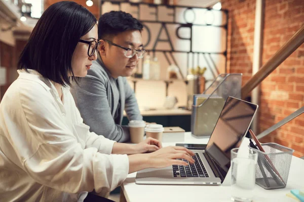 Seitenansicht Porträt Junger Asiatischer Geschäftsleute Die Die Arbeit Modernen Büro — Stockfoto