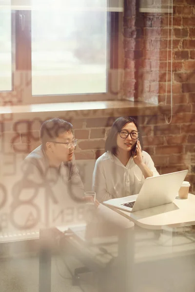 Portrait Two Asian Business People Worked Office Glass Wall Copy — Stok Foto