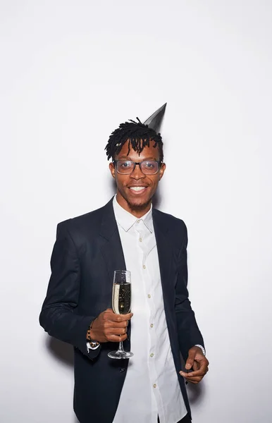 Waist Portrait Trendy African American Man Holding Champagne Glass While — 스톡 사진