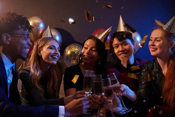Waist Portrait Elegant Young People Clinking Champagne Glasses While Celebrating — Stock Photo, Image