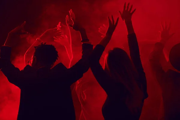 Dark Silhouettes Young People Dancing Raising Hands While Enjoying Party — 스톡 사진