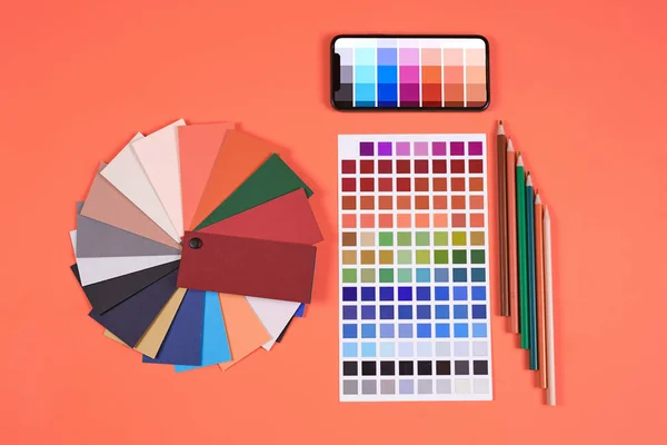 Top View Flat Lay Color Palette Samples Swatches Laid Out — Stock Photo, Image