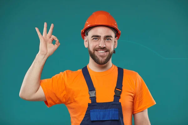 Horizontal Médio Retrato Tiro Trabalhador Construção Caucasiano Vestindo Laranja Azul — Fotografia de Stock