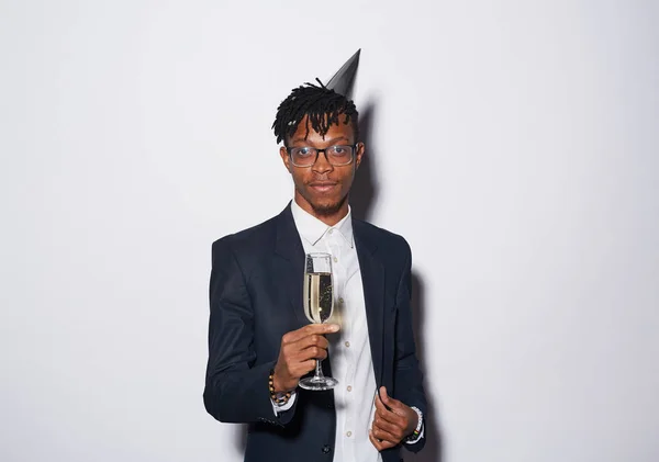 Waist Portrait Trendy African American Man Holding Champagne Glass Camera — 스톡 사진