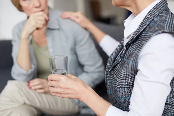 Cropped Image Female Psychologist Comforting Patient Therapy Session Offering Glass — 스톡 사진