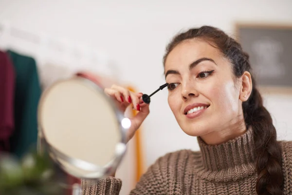 Portrait Smiling Young Woman Applying Mascara Eyelashes While Doing Make — Stock Photo, Image