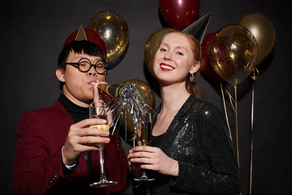Waist Portrait Young Couple Clinking Champagne Glasses While Posing Black — 스톡 사진
