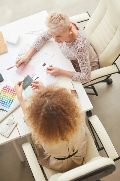 Two Stylish Women Working Together Choosing Best Clothes Design Vertical — Stock Photo, Image