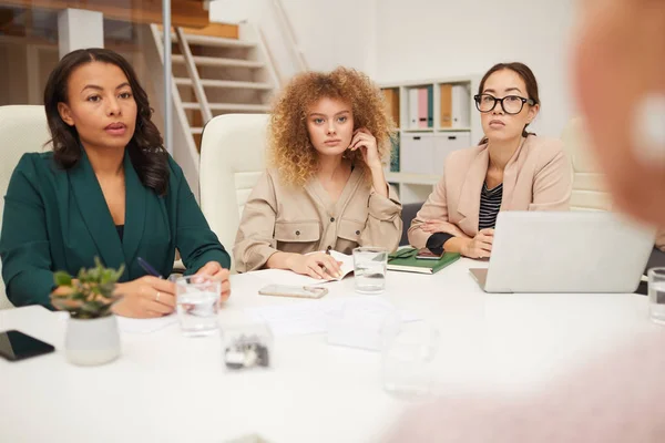 Horizontal Portrait African Caucasian Asian Businesswomen Sitting Front Unrecognizable Colleague — Stock Photo, Image