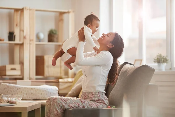 Side View Portrait Happy African American Mother Holding Cute Baby — ストック写真