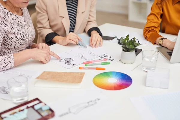 Horizontal High Angle Shot Three Unrecognizable Clothes Designers Choosing Colours — Stock Photo, Image